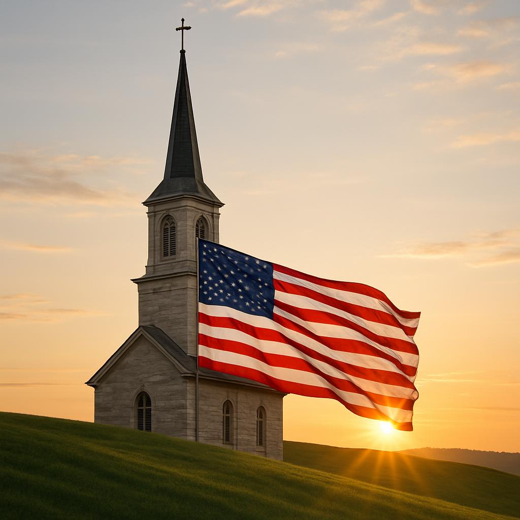 An old church with an American flag out in front, with the sun setting behind. The flag is blowing in the wind.