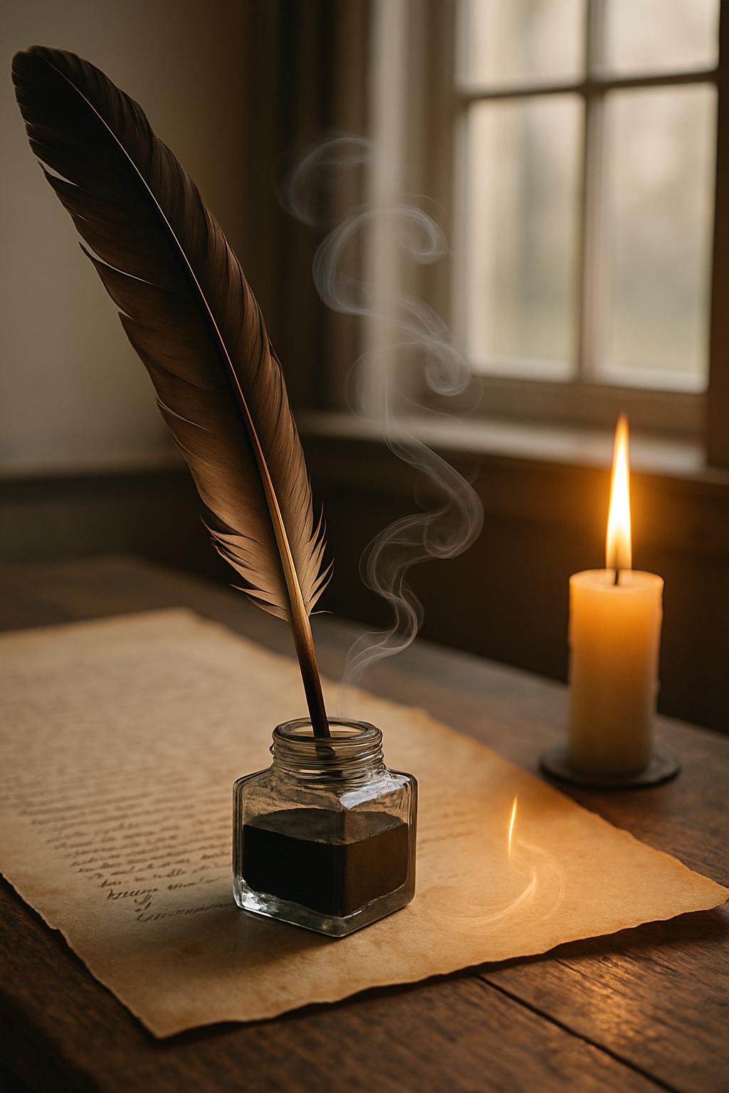 a candle, inkwell, feather quill and scroll on a wooden table.