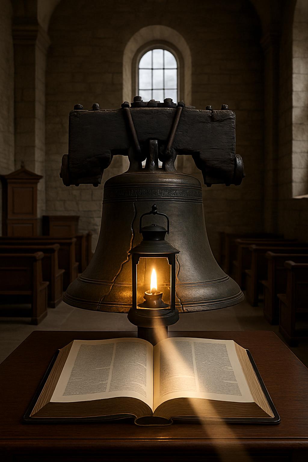 A large, dark bell on a table in the middle of a church, illuminated by light shining through the bottom.