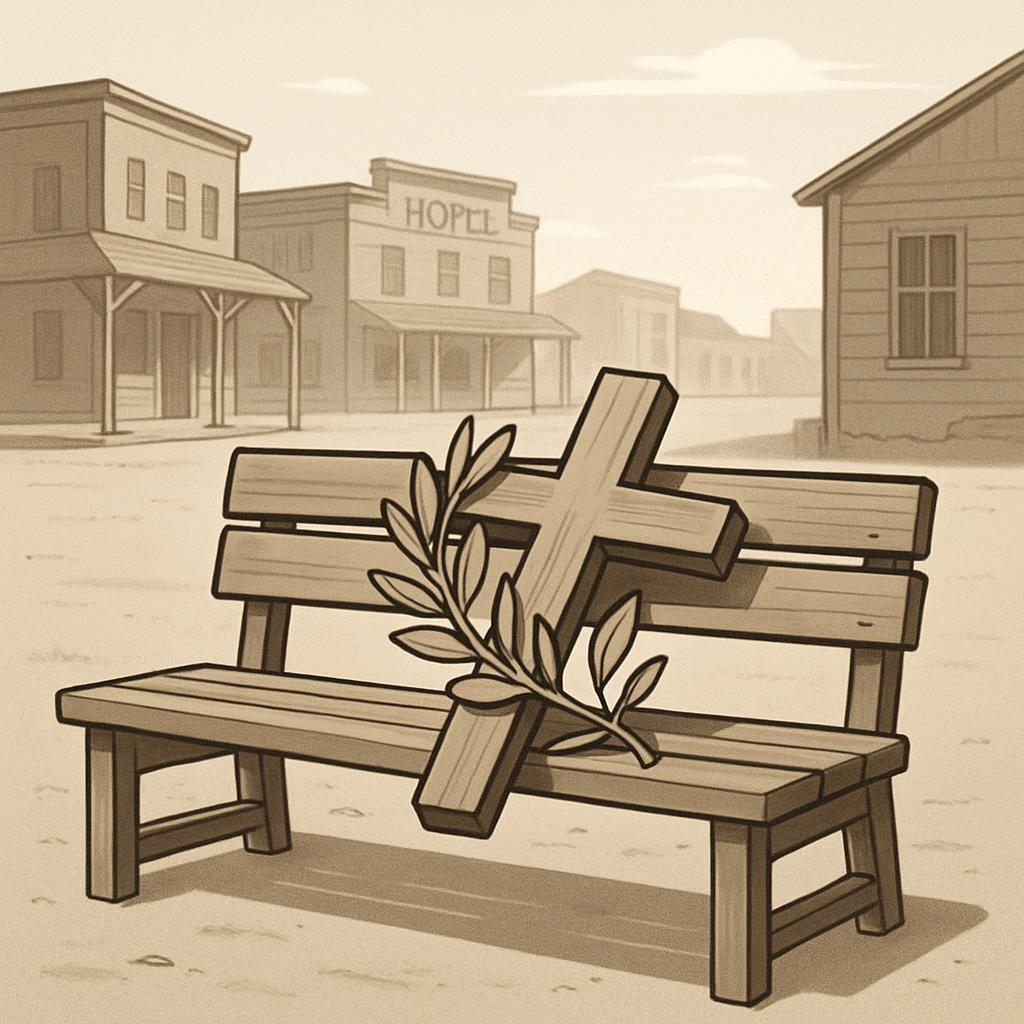 An empty wooden bench with a potted plant on it, set against the backdrop of a quaint small town.