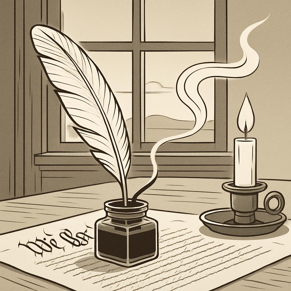 Illustration of a quill pen, inkwell, and candle on a wooden desk by a window.