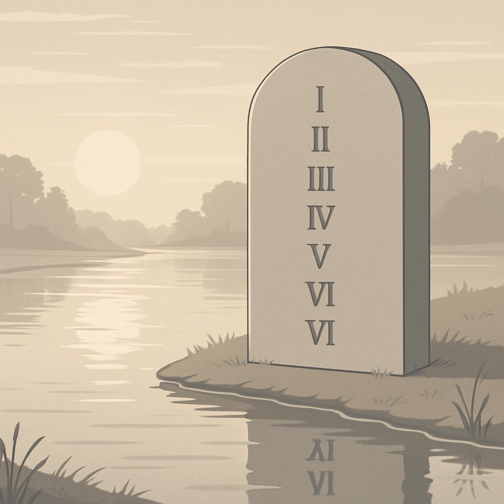 The image depicts a serene landscape featuring a stone tablet standing by a tranquil river, commemorating one of the Ten C...